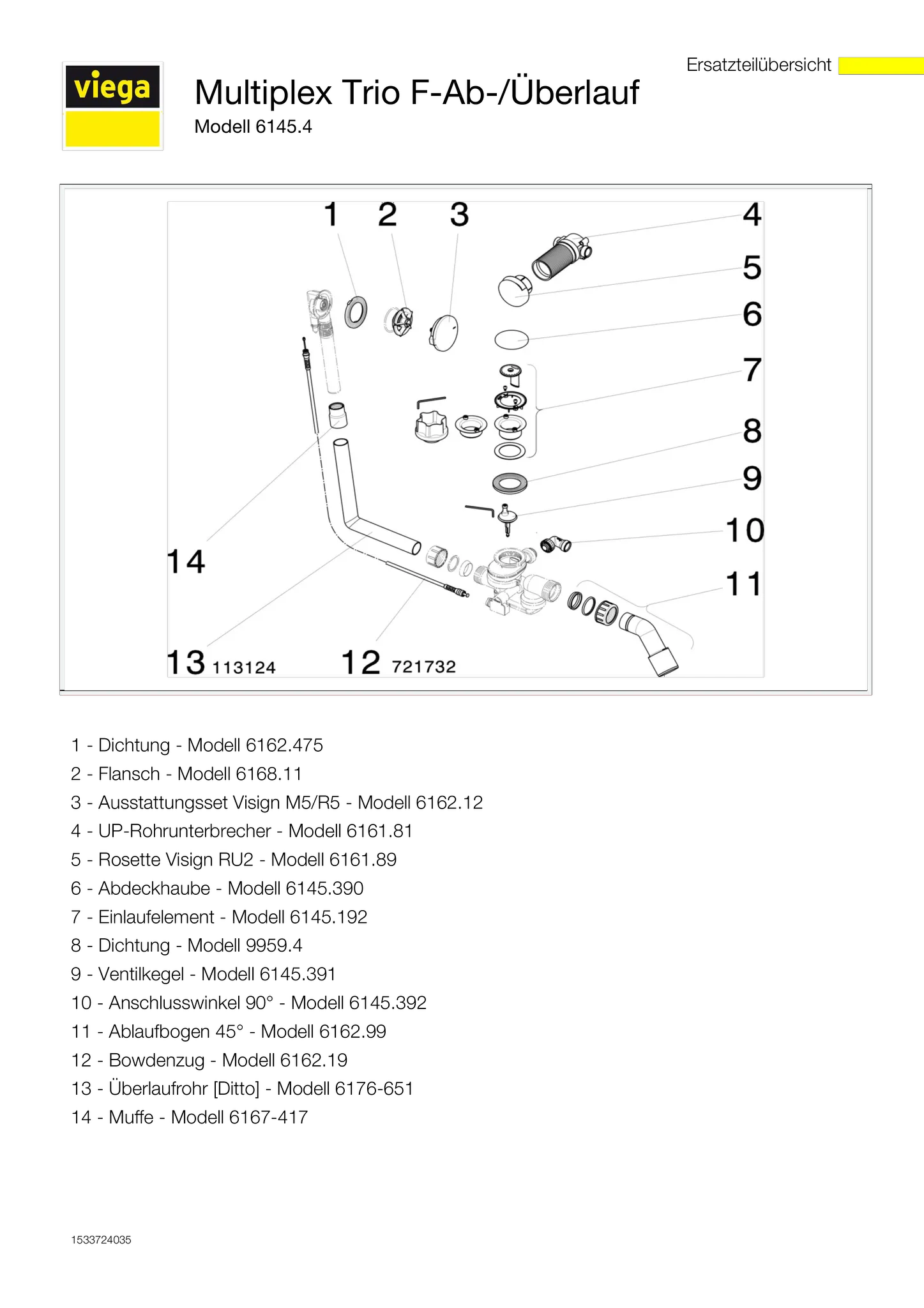 Viega Ab- und Überlaufgarnitur mit Zulauffunktion Modell 6145.4 „Multiplex Trio“ in 540 mm × DN40 / 50 Kunststoff verchromt 19 cm