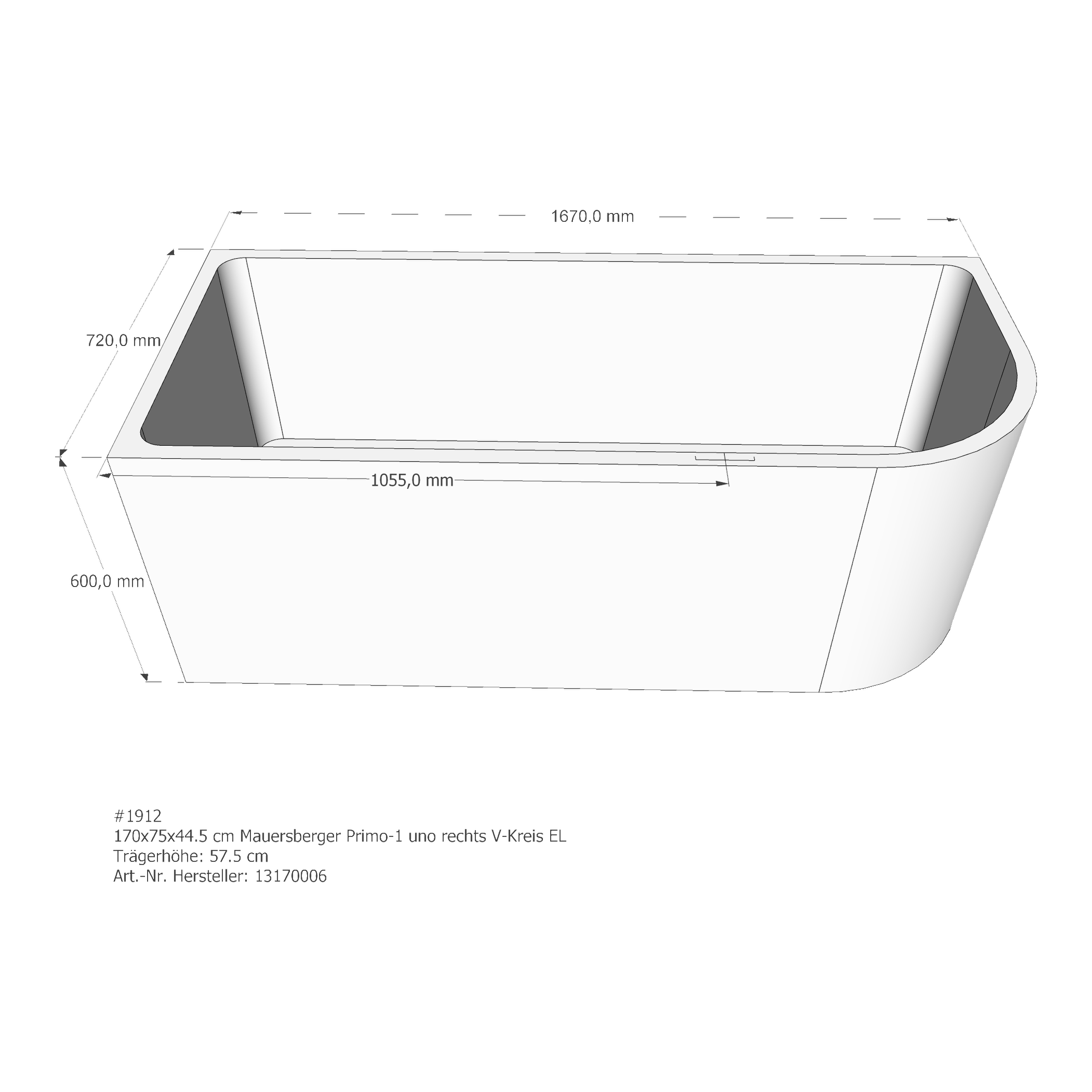 Badewannenträger für Mauersberger Primo 1 rechts uno rechts 170 × 75 × 44,5 cm Badewannenträger für Mauersberger Primo 1 rechts uno rechts 170 × 75 × 44,5 cm