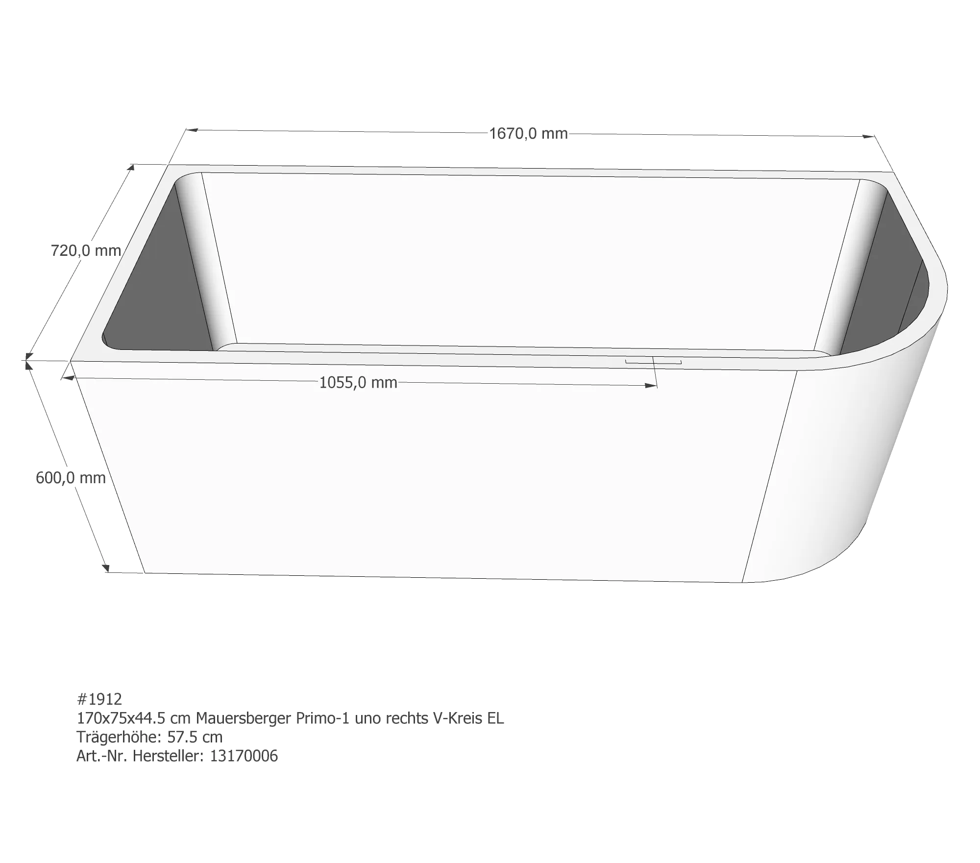 Badewannenträger für Mauersberger Primo 1 rechts uno rechts 170 × 75 × 44,5 cm