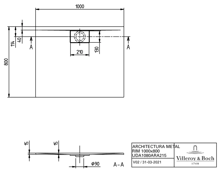 Villeroy & Boch rechteck Duschwanne „Architectura MetalRim“ 100 × 80 cm mit Antirutsch (VILBOgrip), in Weiß Alpin