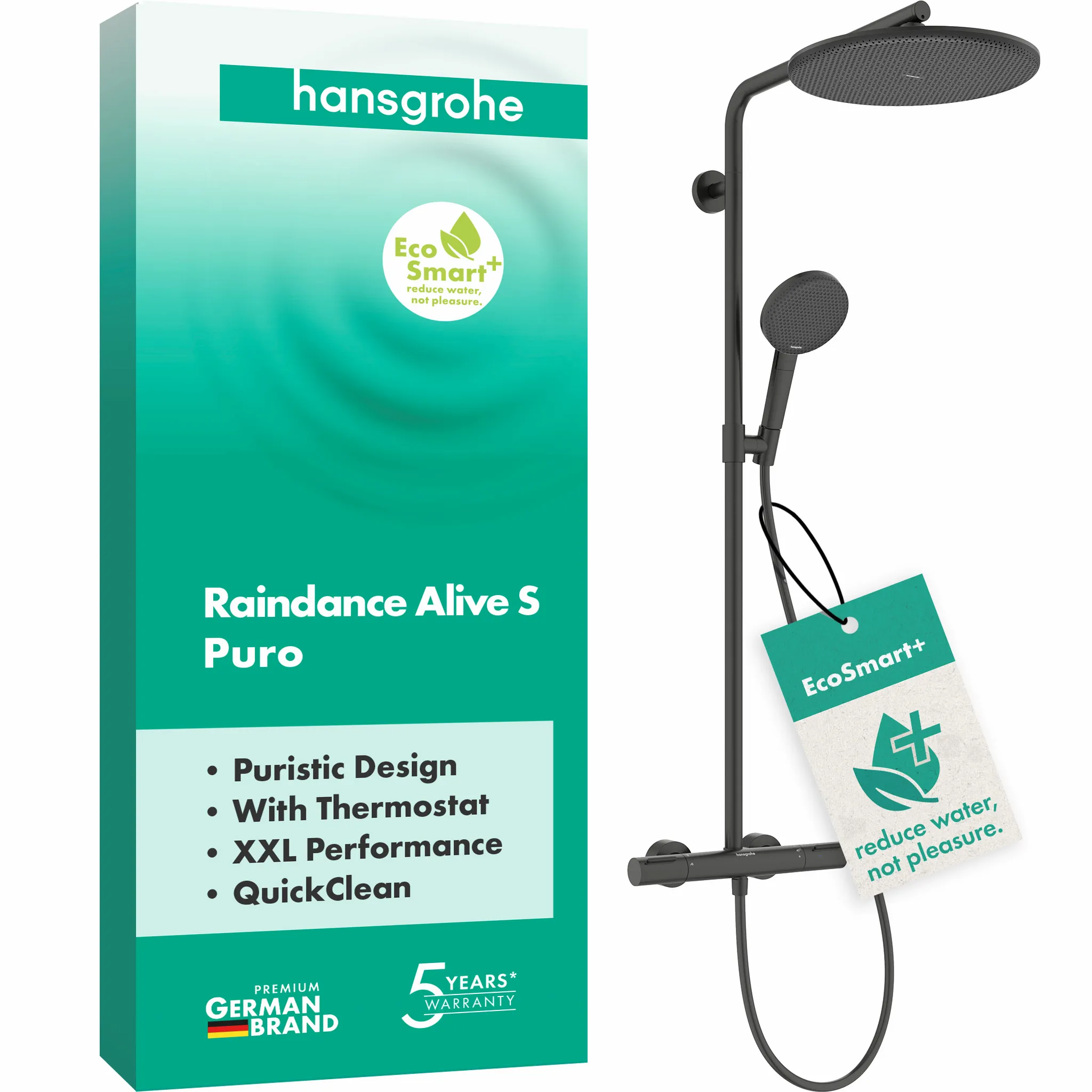 Hansgrohe Raindance Alive S Puro Showerpipe 300 1jet EcoSmart+ mit Ecostat Element, Brushed Black Chrome Hansgrohe Raindance Alive S Puro Showerpipe 300 1jet EcoSmart+ mit Ecostat Element, Brushed Black Chrome