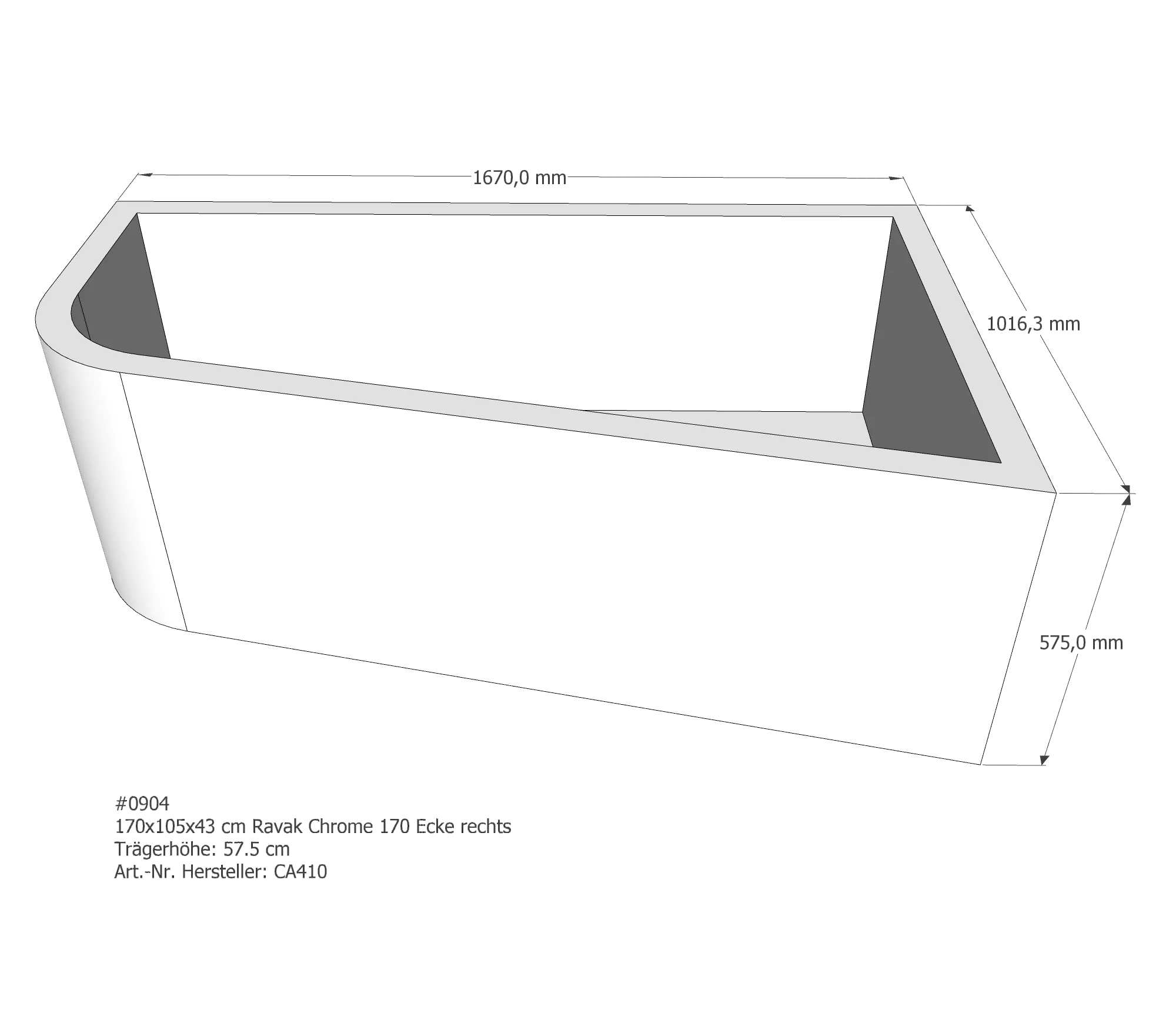 Badewannenträger passend für Ravak Chrome 170 Ecke rechts rechts 170 × 105 × 43 cm