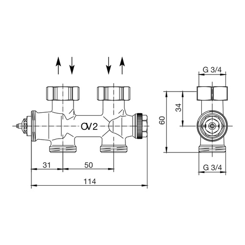 Design in Bad Anschlussgarnitur für Heizkörper mit 50 mm Anschluss Durchgangsform „Multiblock T“ in edelstahl