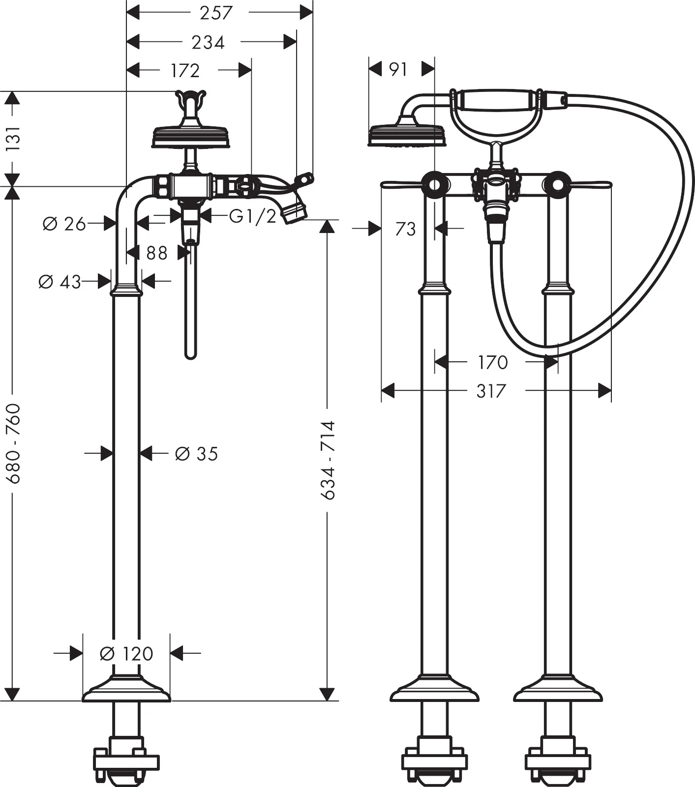 Hansgrohe AXOR Montreux 2-Griff Wannenarmatur bodenstehend, Chrom, Ausladung 234 mm Hansgrohe AXOR Montreux 2-Griff Wannenarmatur bodenstehend, Chrom, Ausladung 234 mm