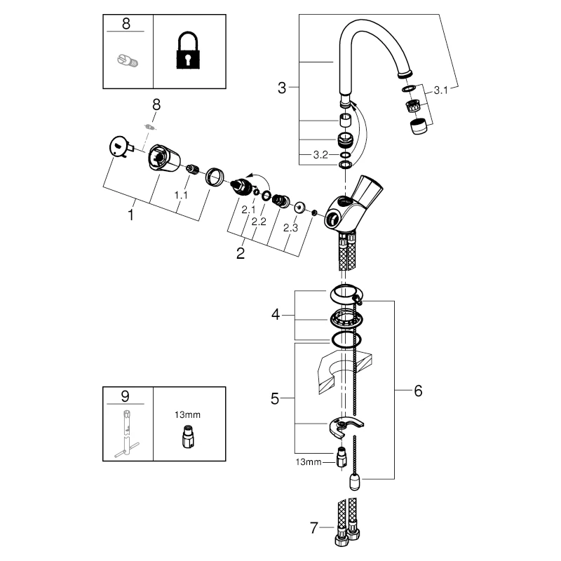 Waschtisch-Einlochbatterie Costa 21337_1, schwenkbarer Rohrauslauf mit Mousseur, versenkbare Kette, chrom Waschtisch-Einlochbatterie Costa 21337_1, schwenkbarer Rohrauslauf mit Mousseur, versenkbare Kette, chrom