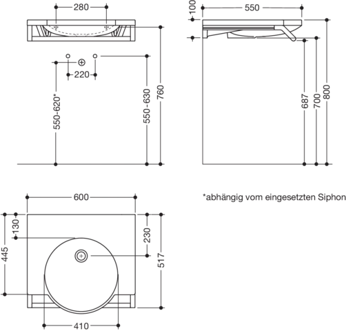 Wandwaschtisch 60 × 58 × 10 cm in Schwarz tiefmatt