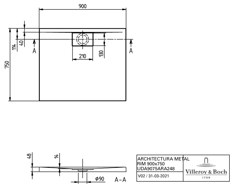 Villeroy & Boch rechteck Duschwanne „Architectura MetalRim“ 90 × 75 cm mit Antirutsch (VILBOgrip), in Weiß Alpin