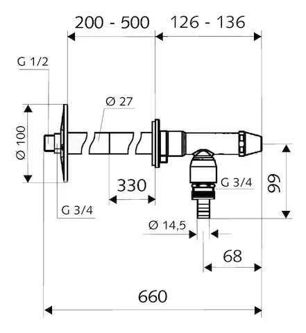 Außenwandarmatur POLAR II, Frostsicher Set, Rückflussverhinderer RV, Rohrbelüfter RB, DN 15 G 1/2 AG, Schlauchverschraubung Ø 14,5 mm (DN 20 G 3/4 AG), mattchrom