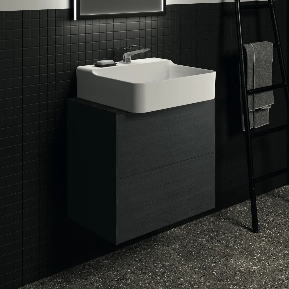 Waschtischplatte Conca, aus Keramik, 602x373x6mm, Marmor Noir Desir