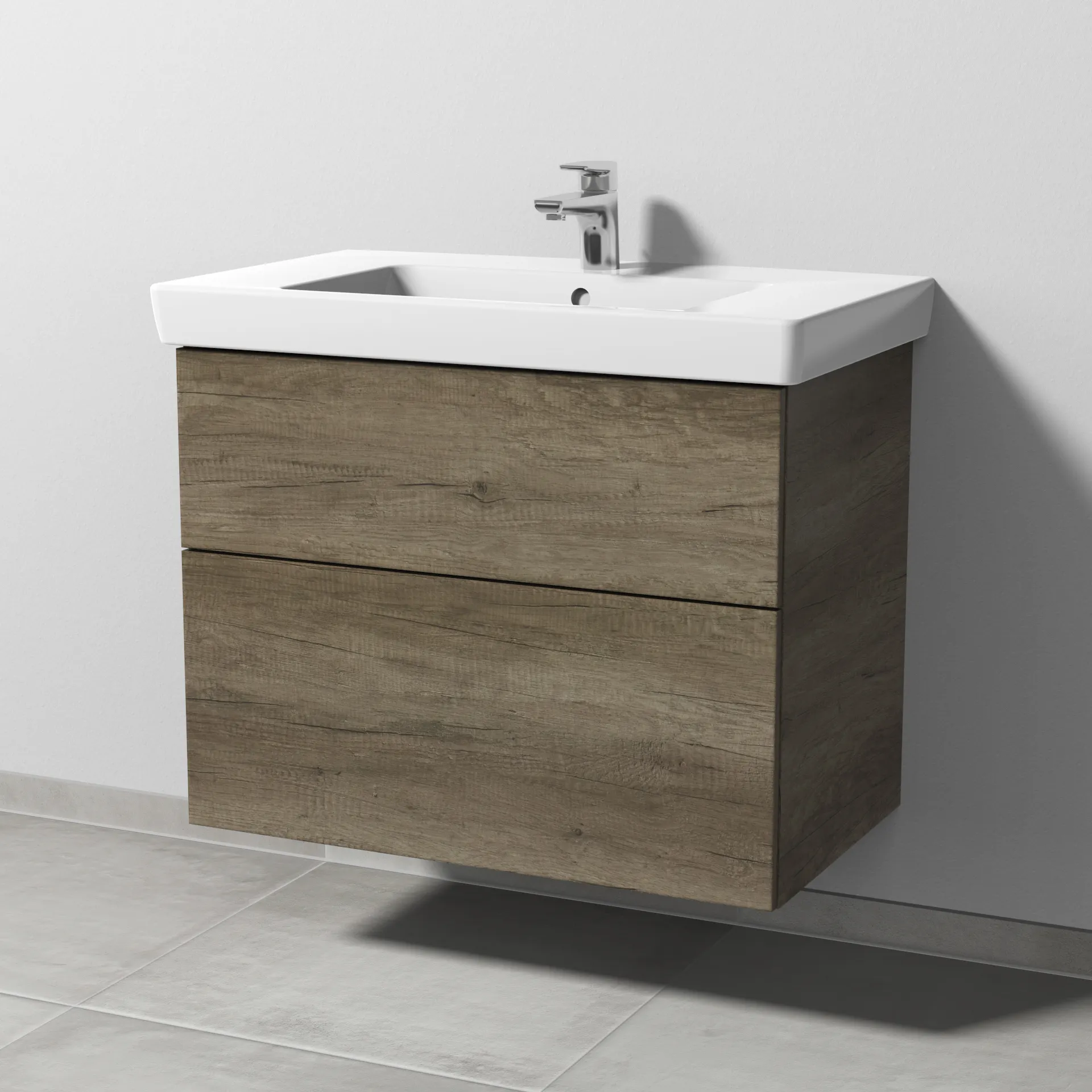 Sanipa Waschtischunterschrank „3way“ passend zu Keramik-Waschtische Subway 2.0 von Villeroy & Boch 750 × 593 × 447 mm in Eiche Nebraska, Becken mittig