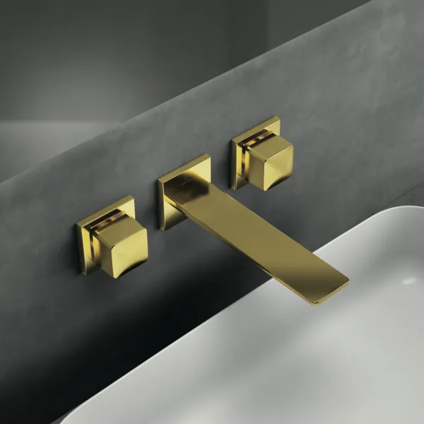 Wand-Waschtischarmatur Conca, Bausatz 2, eckige Rosetten, Ausladung 180mm, Brushed Gold Wand-Waschtischarmatur Conca, Bausatz 2, eckige Rosetten, Ausladung 180mm, Brushed Gold