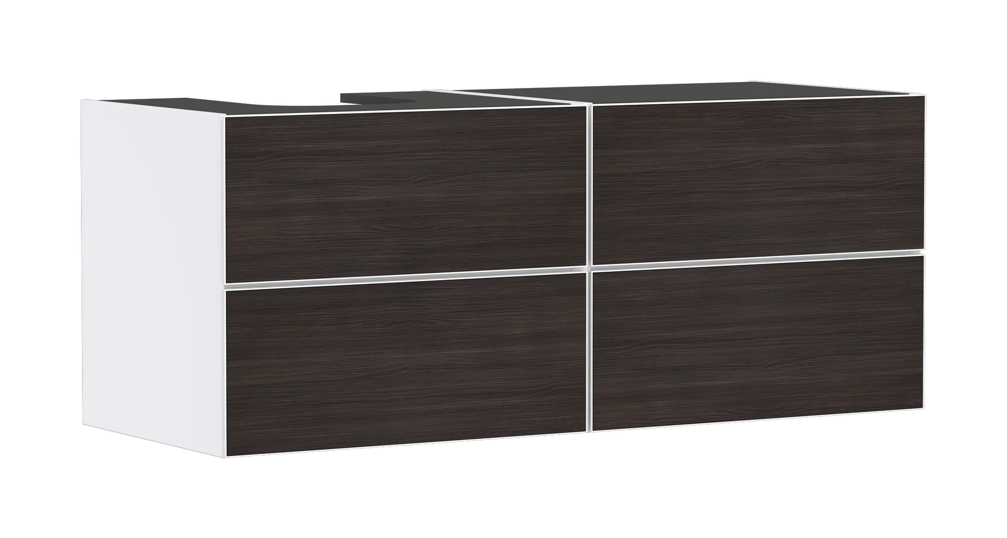 Hansgrohe Xevolos E Waschtischunterschrank Mattweiß 1370⁄550 mit 4 Schubkästen für Konsole mit Ausschnitt links, Oberfläche Front: Eiche Dunkel Hansgrohe Xevolos E Waschtischunterschrank Mattweiß 1370⁄550 mit 4 Schubkästen für Konsole mit Ausschnitt links, Oberfläche Front: Eiche Dunkel