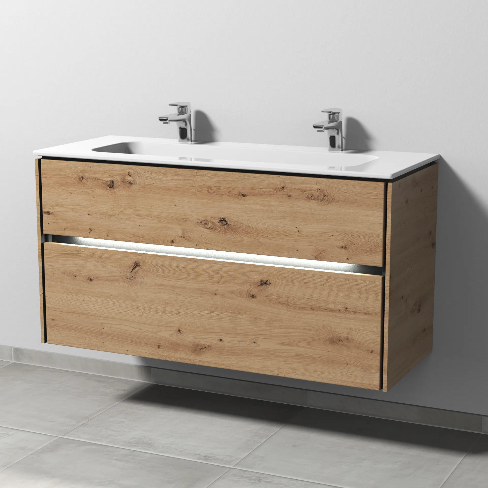 Keramik-Waschtisch-Set mit Waschtischunterschrank „Twiga“ 119 × 46 × 61 cm in Eiche Natural-Touch, mit Hahnlochbohrung, mit Beleuchtung Keramik-Waschtisch-Set mit Waschtischunterschrank „Twiga“ 119 × 46 × 61 cm in Eiche Natural-Touch, mit Hahnlochbohrung, mit Beleuchtung