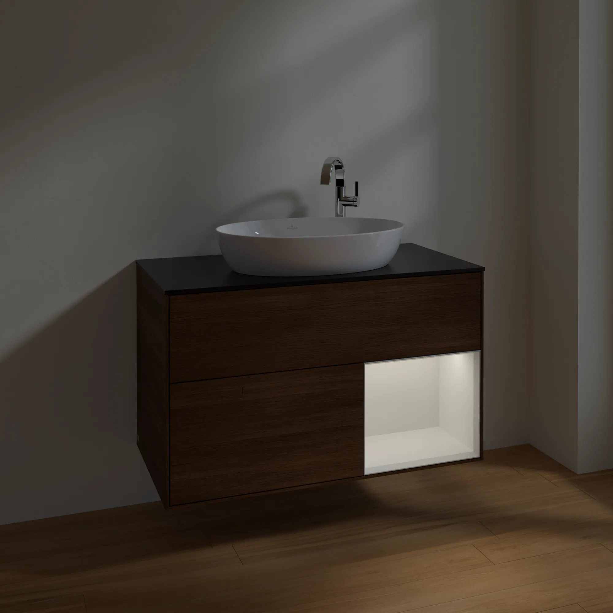 Villeroy & Boch Waschtischunterschrank „Finion“ für Schrankwaschtisch 1000 × 603 × 501 mm Walnut Veneer, für Becken mittig, mit Hahnlochbohrung Villeroy & Boch Waschtischunterschrank „Finion“ für Schrankwaschtisch 1000 × 603 × 501 mm Walnut Veneer, für Becken mittig, mit Hahnlochbohrung