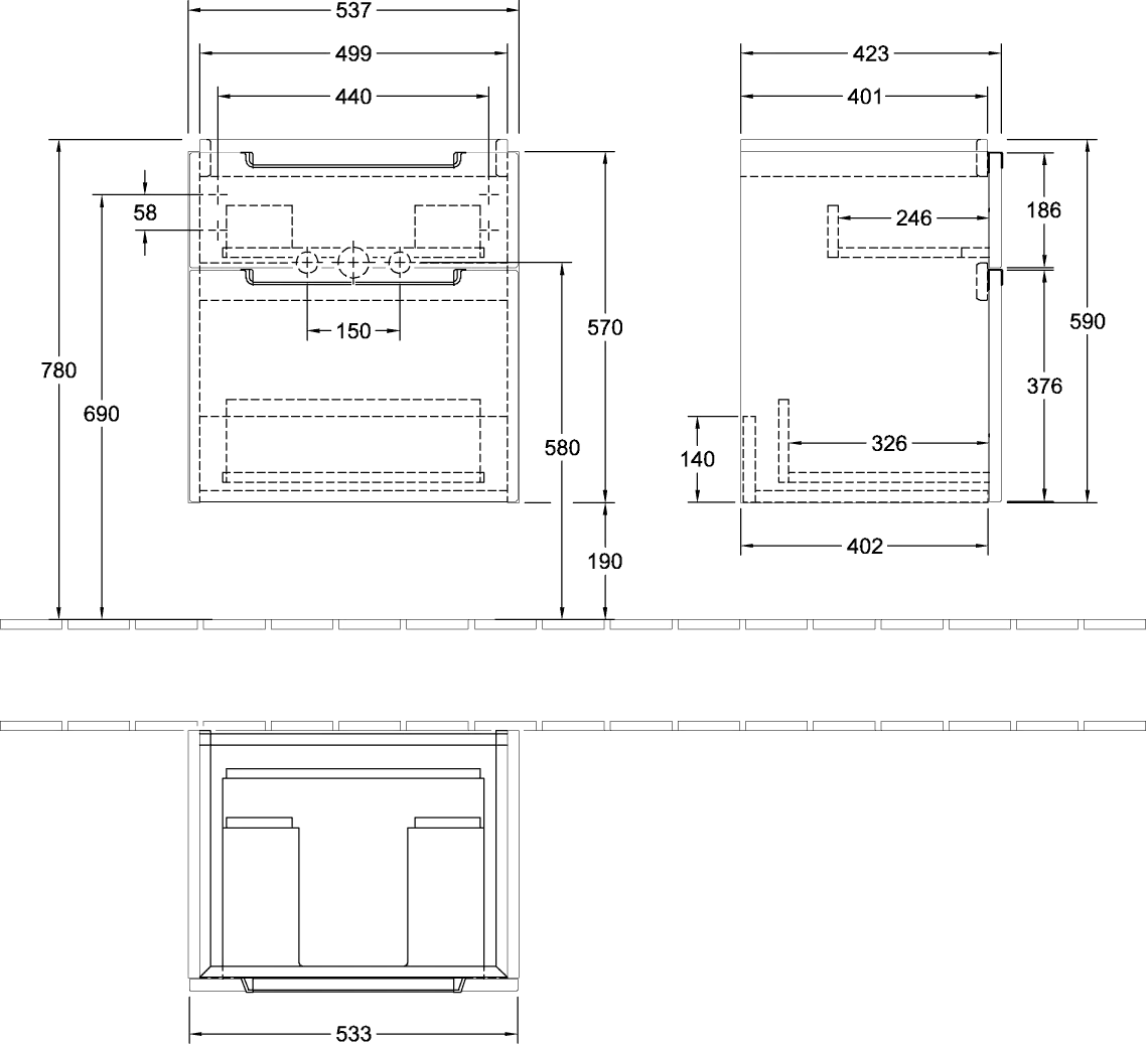 Villeroy & Boch Waschtischunterschrank „Subway 2.0“ 537 × 590 × 423 mm Glossy Grey, für Becken mittig, ohne Beleuchtung