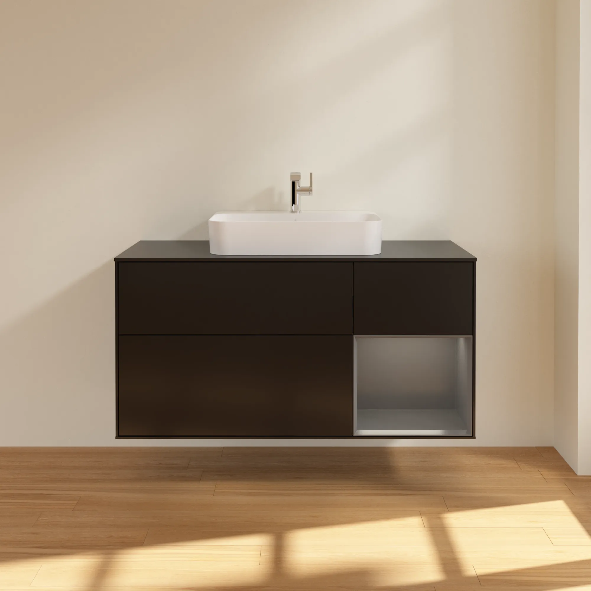 Villeroy & Boch Waschtischunterschrank „Finion“ für Schrankwaschtisch 1200 × 603 × 501 mm Black Matt Lacquer, für Becken mittig Villeroy & Boch Waschtischunterschrank „Finion“ für Schrankwaschtisch 1200 × 603 × 501 mm Black Matt Lacquer, für Becken mittig