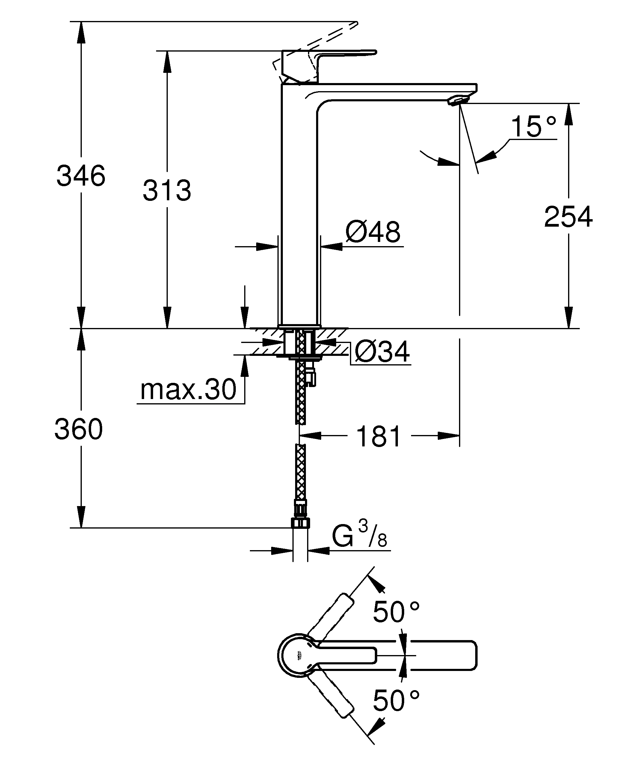 Einhand-Waschtischbatterie Lineare 23405_1, XL-Size, Einlochmontage, für freistehende Waschschüsseln, glatter Körper, Auslaufhöhe 254 mm, chrom