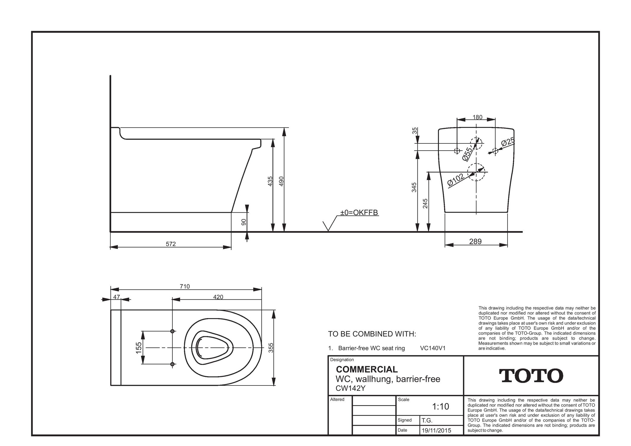 Toto Wand-Tiefspül-WC spülrandlos wandhängend, barrierefrei mit Tornado Flush „CF“ 355 × 400 × 710 mm in weiß Toto Wand-Tiefspül-WC spülrandlos wandhängend, barrierefrei mit Tornado Flush „CF“ 355 × 400 × 710 mm in weiß