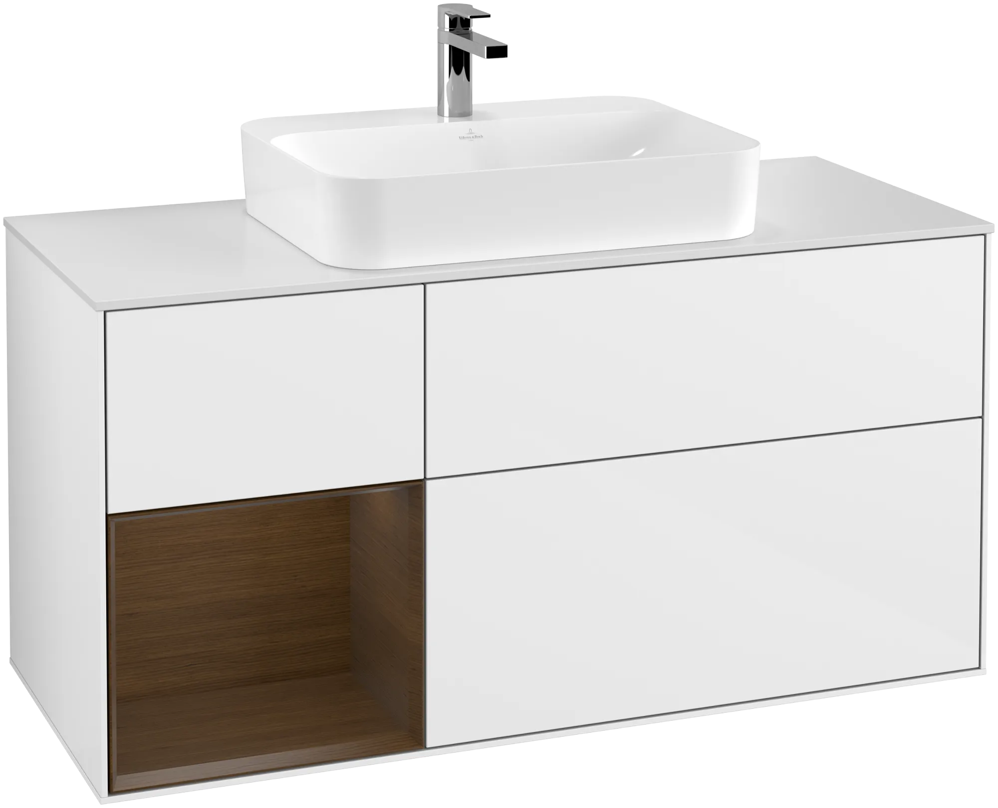 Villeroy & Boch Finion Waschbeckenunterschrank F41, 1200x603x501mm, Glossy White Lacquer / Walnut Veneer / Glass White Matt