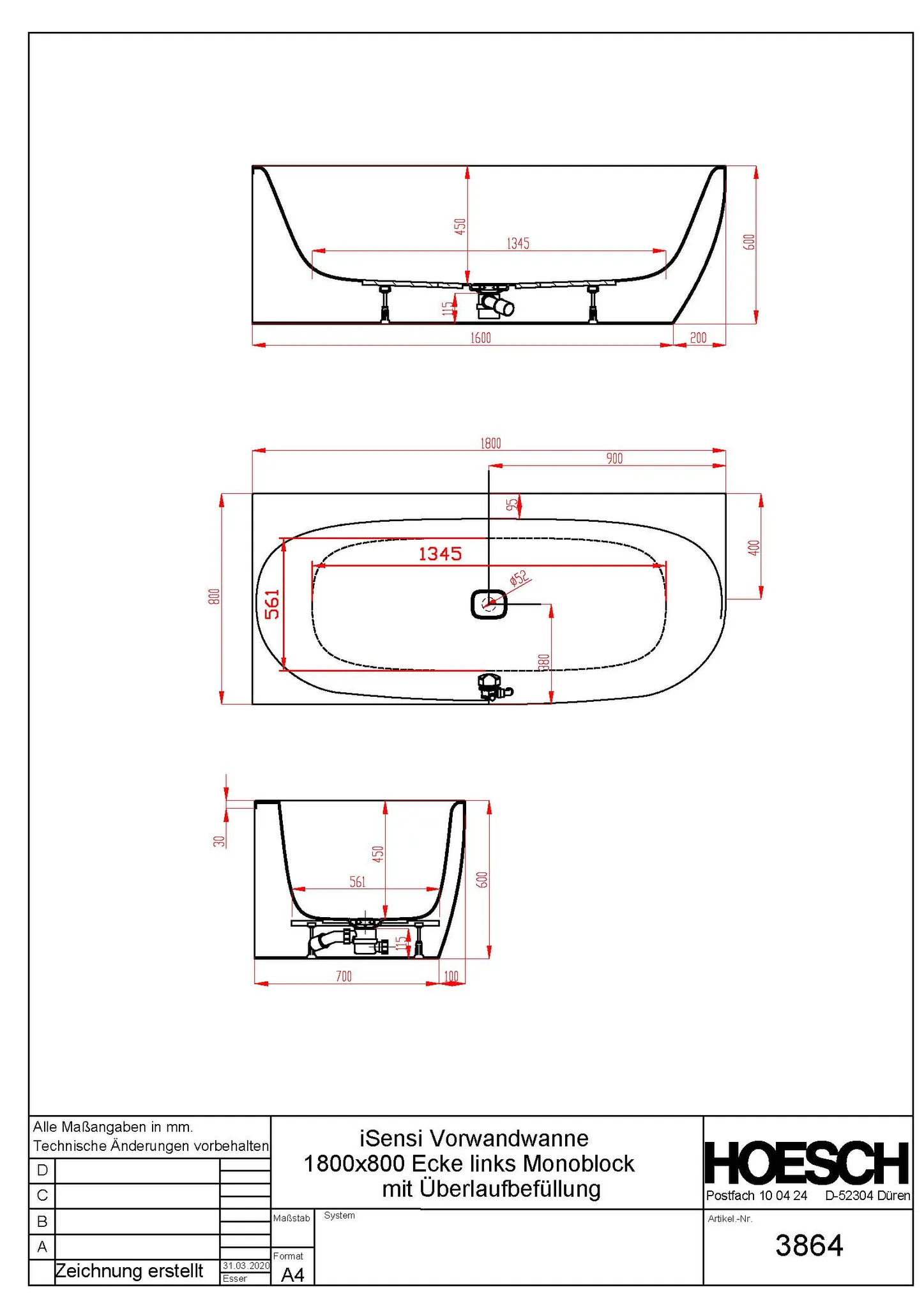 Hoesch Badewanne „iSensi“ Monolith eck, asymmetrisch 180 × 80 cm, links, mit Schürze in Weiß