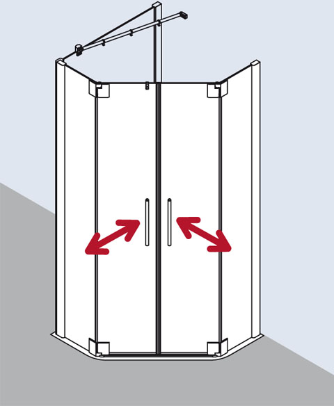 Kermi Duschabtrennung für Fünfeck-Duschwannen Pendeltüren mit Festfeldern „PASA XP“ in Glas Klar, Profile Silber Mattglanz, BV: 720 - 870 mm GAK: 705 - 735 mm WE: 730 - 760/880 - 910 mm H: 1850 mm