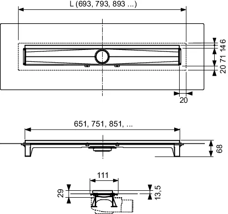 TECEdrainline-Evo, Duschrinne, mit Wandfliesenauflage, 900 mm