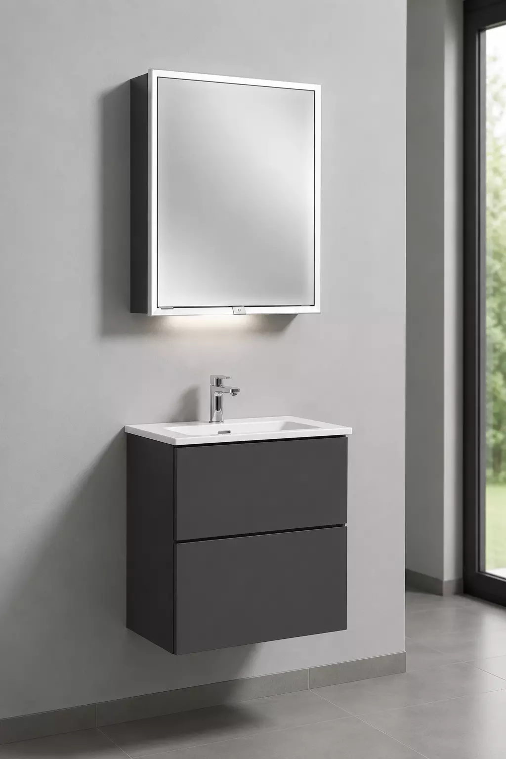 Keramik-Waschtisch-Set mit Waschtischunterschrank 3way und Spiegelschrank Milo in Anthrazit (matt) Keramik-Waschtisch-Set mit Waschtischunterschrank 3way und Spiegelschrank Milo in Anthrazit (matt)