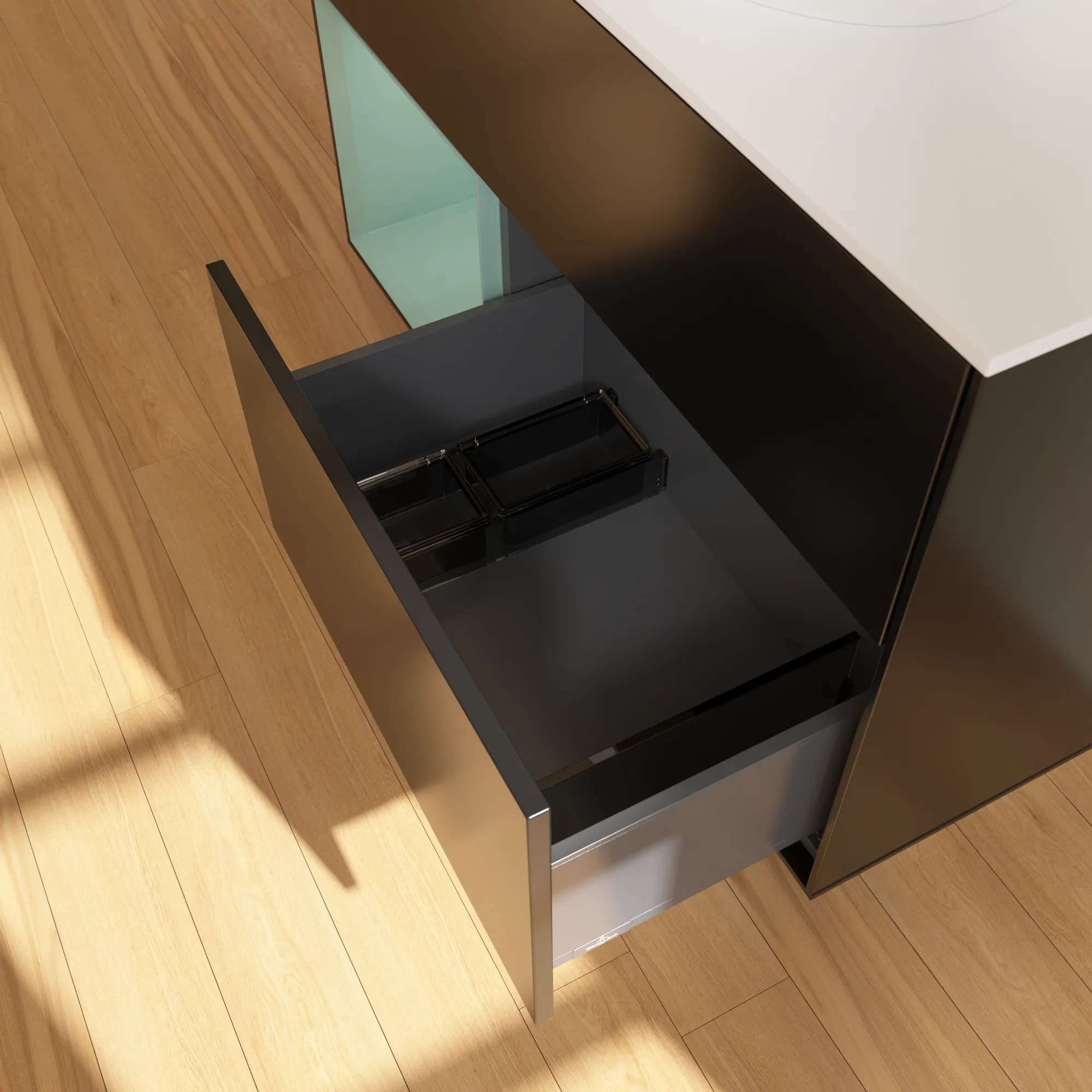 Villeroy & Boch Waschbeckenunterschrank Finion F89, 1000x603x501 mm, Black Matt Lacquer mit Olive Regal, Beleuchtung dimmbar, Push-to-open, SoftClosing Villeroy & Boch Waschbeckenunterschrank Finion F89, 1000x603x501 mm, Black Matt Lacquer mit Olive Regal, Beleuchtung dimmbar, Push-to-open, SoftClosing
