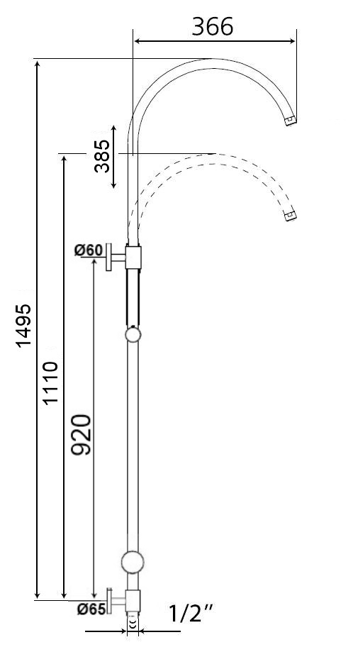 AqvaShower Standbrause 180° - Brausebogen 180° - schwenkbar - höhenverstellbar - Metalleffekt_Brauseschlauch 1600 mm × 1/2″ × 1/2″ Konus - Metallverbindungsschlauch 600 mm × 1/2″ × 1/2″ - halter mit keramischen Umsteller - chrom