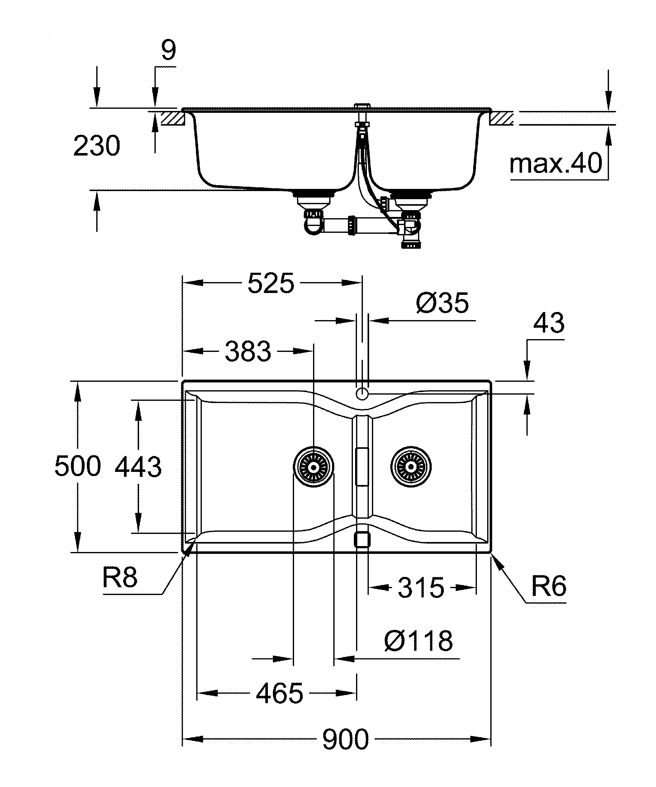 Kompositspüle K700 31658, Modell: K700 100-C 90/50 2.0 rev, Montageart: Standard-Einbauspüle, Maße: 900 x 500 mm, 1 Becken: 465 x 443 x 230 mm, 1 Becken: 315 x 443 x 230 mm, granit schwarz