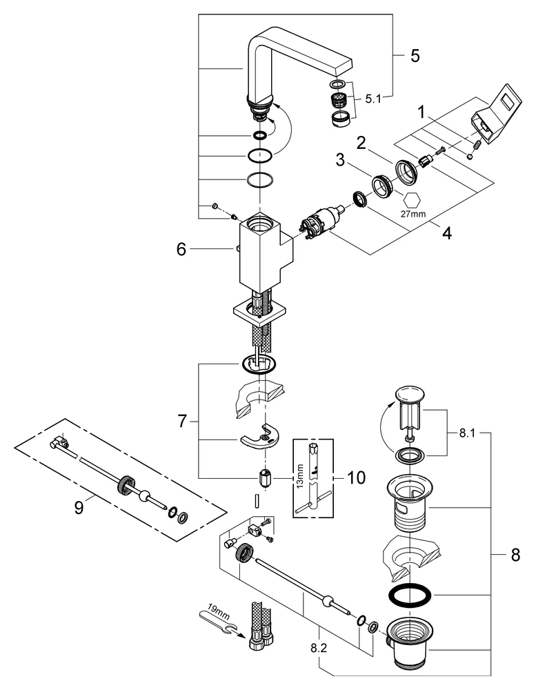 Einhand-Waschtischbatterie Eurocube 23135, L-Size, Einlochmontage, schwenkbarer Rohrauslauf, 5,7 l/min SpeedClean Mousseur, Zugstangen-Ablaufgarnitur 1 1/4″, chrom