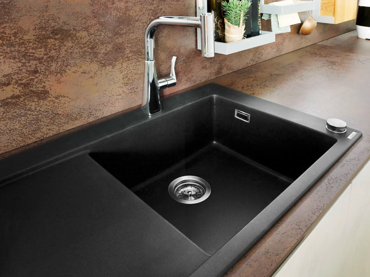 Hansgrohe Einbauspüle S51 Serie, Graphitschwarz, 1030 x 490 mm, 1 Hauptbecken mit Abtropffläche, Beckentiefe 190 mm