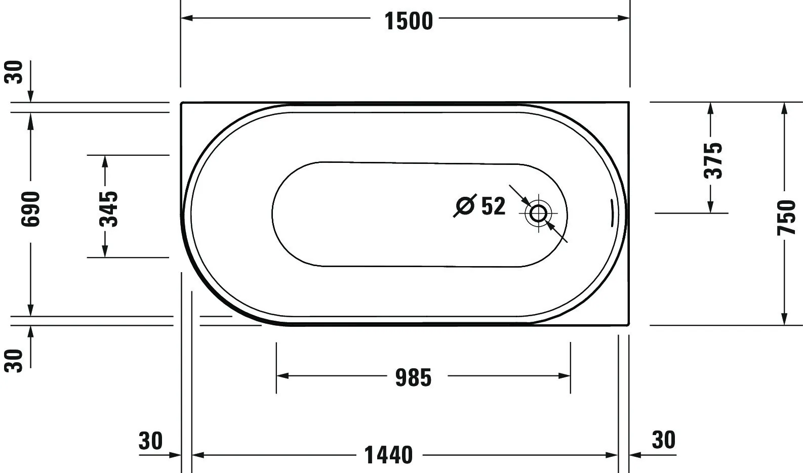 Duravit Badewanne „DuraSenja“ vorwand oval 1500 × 750 mm, rechts in Weiß Duravit Badewanne „DuraSenja“ vorwand oval 1500 × 750 mm, rechts in Weiß