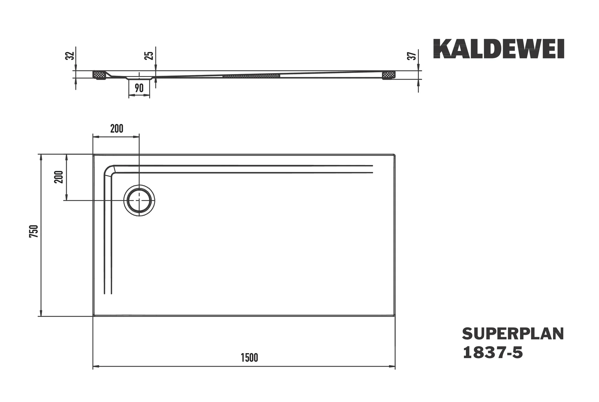 Kaldewei SUPERPLAN Duschfläche extraflach, 750x1500 mm, cool grey 30, Secure Plus, Eckablauf, 25 mm tief Kaldewei SUPERPLAN Duschfläche extraflach, 750x1500 mm, cool grey 30, Secure Plus, Eckablauf, 25 mm tief
