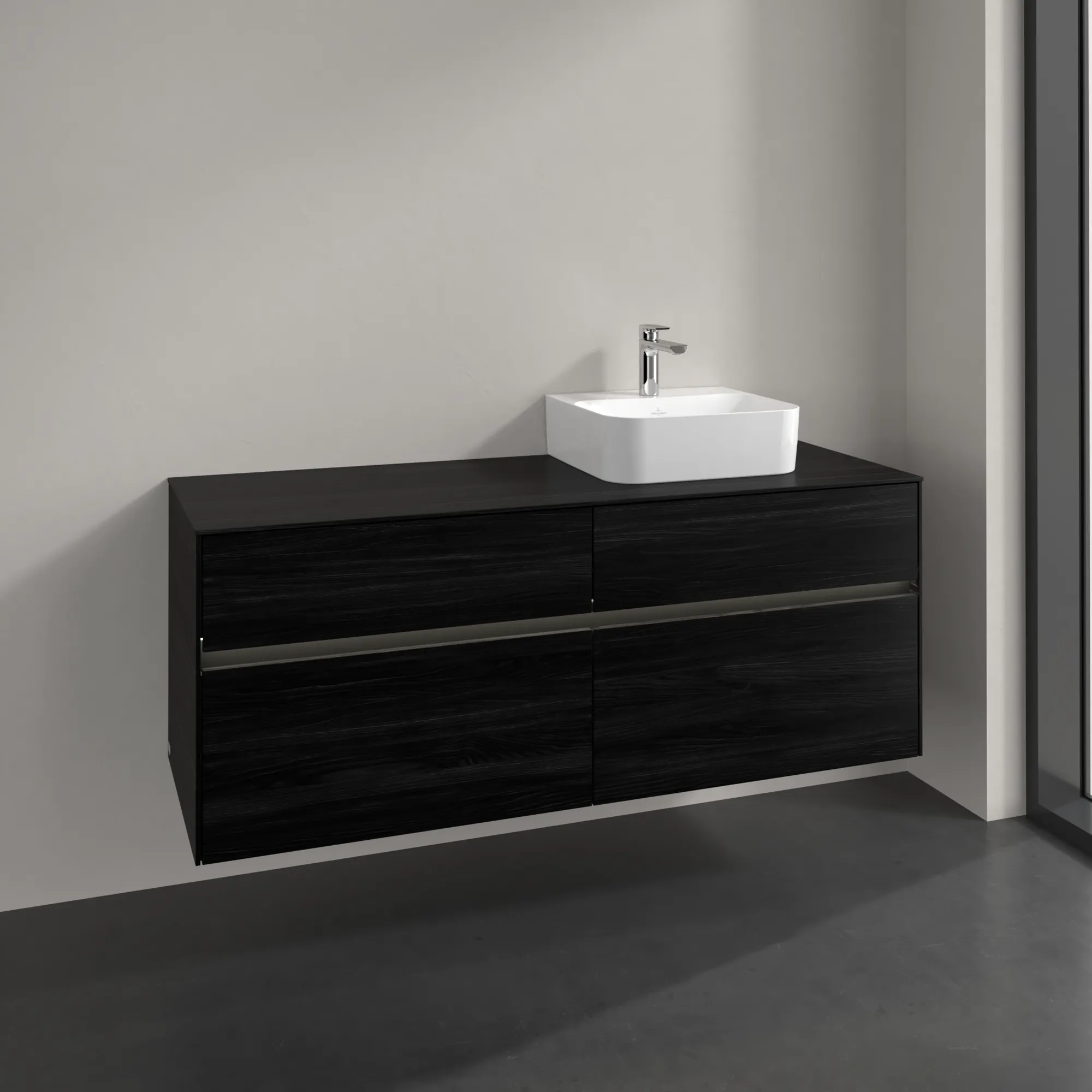 Villeroy & Boch Waschtischunterschrank „Collaro“ 1400 × 548 × 500 mm Black Oak, mit Beleuchtung, für Becken rechts Villeroy & Boch Waschtischunterschrank „Collaro“ 1400 × 548 × 500 mm Black Oak, mit Beleuchtung, für Becken rechts