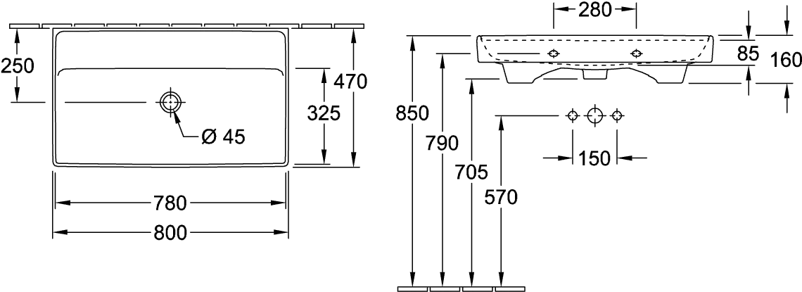 Villeroy & Boch Schrankwaschtisch aus TitanCeram „Collaro“ 800 × 465 × 160 mm, ohne Hahnlochbohrung in Weiß Alpin