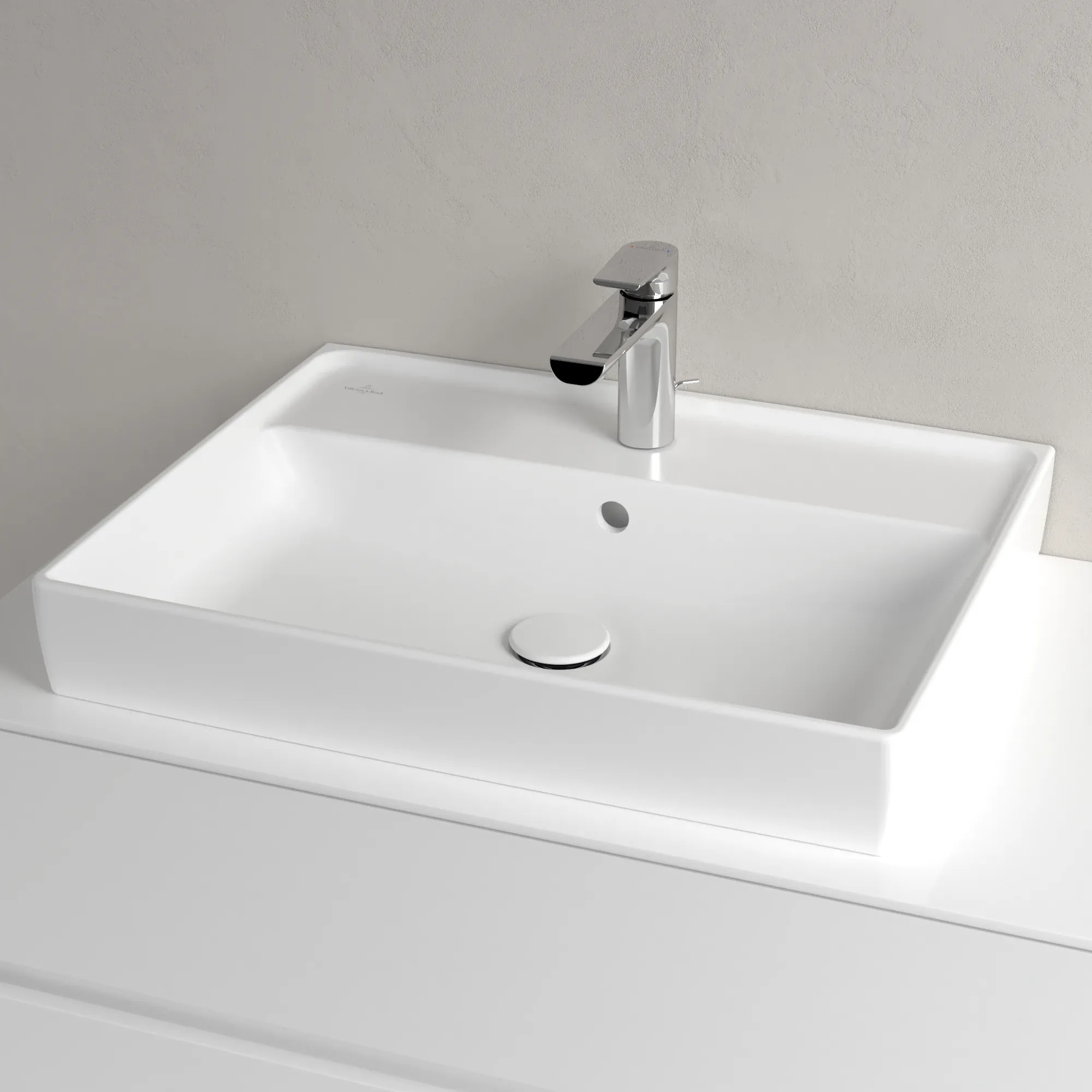 Villeroy & Boch Wandwaschtisch aus TitanCeram geschliffen „Collaro“ 600 × 470 × 160 mm, mit Hahnlochbohrung, Hahnlochposition mittig in Stone White
