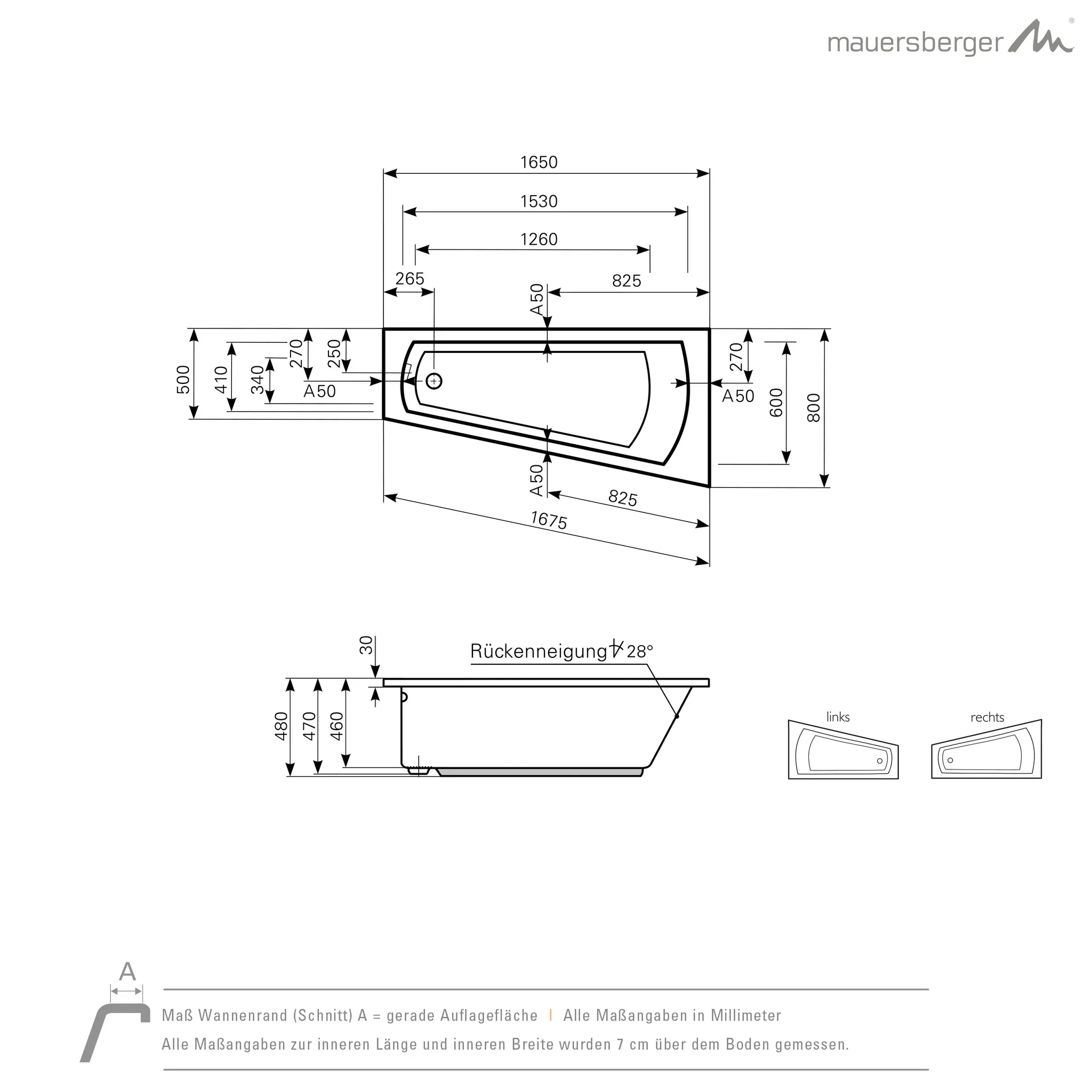 Mauersberger Acryl-Badewanne ascea 165⁄80 links, 1650x800x480, weiß