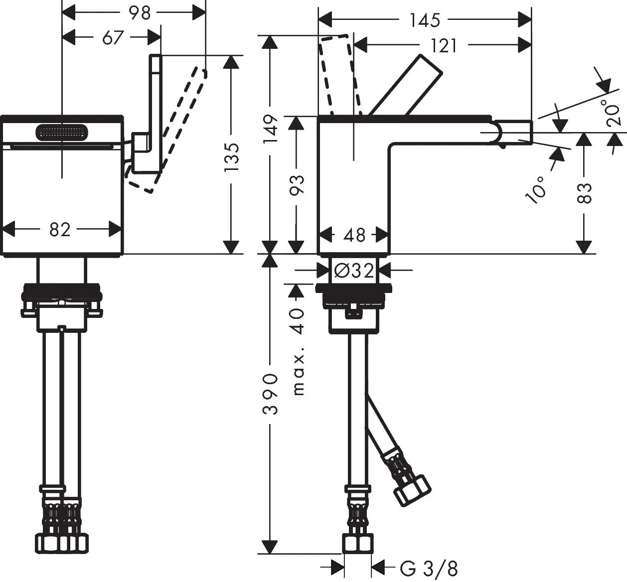 Hansgrohe AXOR MyEdition Bidetmischer schwarz/chrom, Einhebel-Bedienung, Ausladung 121 mm, Auslaufhöhe 83 mm, Normalstrahl, max. Durchfluss 5 l/min, Keramikmischsystem, Push-Open Ablaufgarnitur G 1 1/4, Anschluss G 3/8