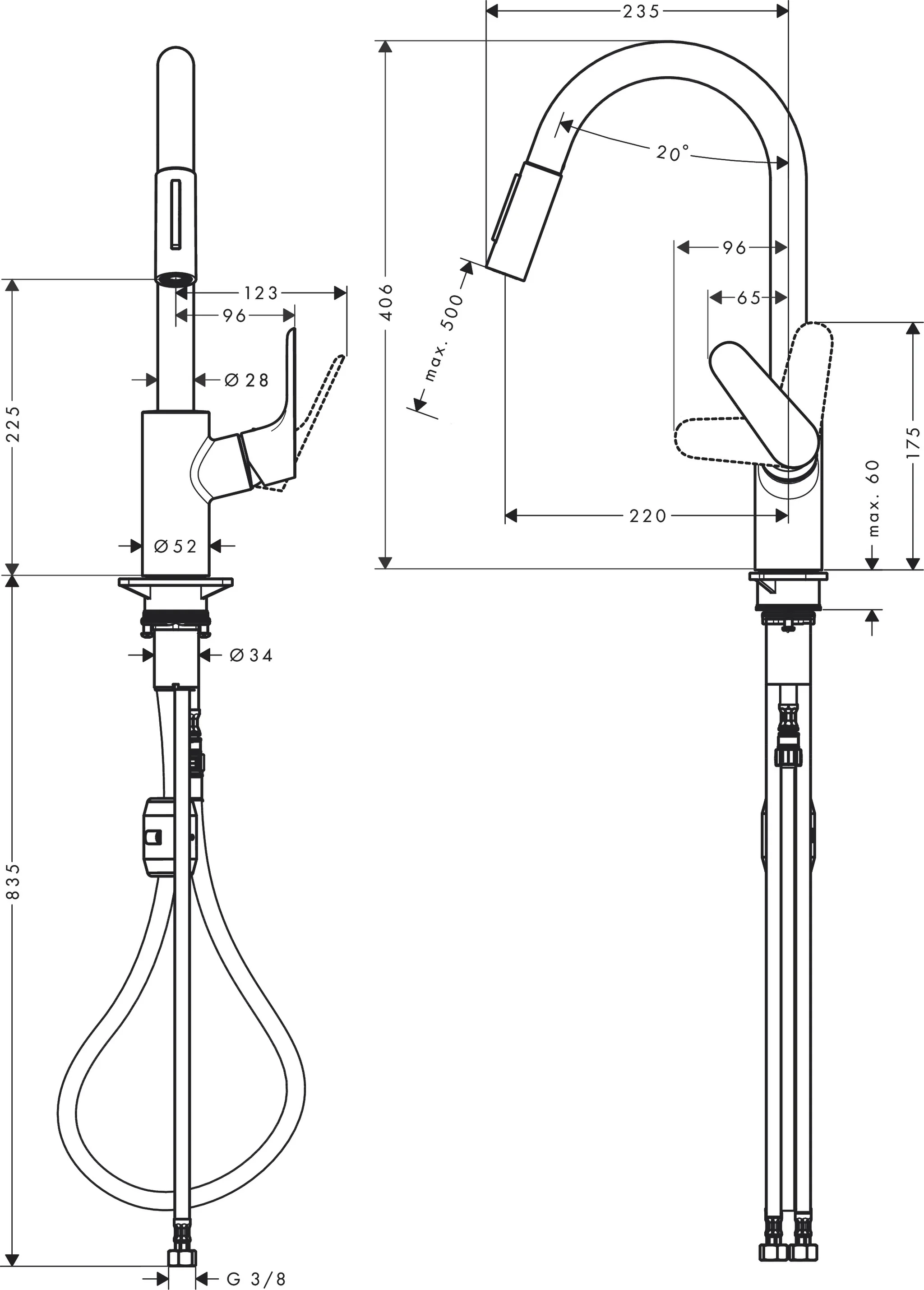 Hansgrohe Focus M41 Eco Einhebel-Küchenmischer mit Ausziehbrause 2jet in Chrom, ComfortZone 240, Schwenkbereich einstellbar auf 110° oder 150°, Laminarstrahl und Brausestrahl arretierbar, MagFit magnetische Brausehalterung, Quick-Connect Schlauch, max. D