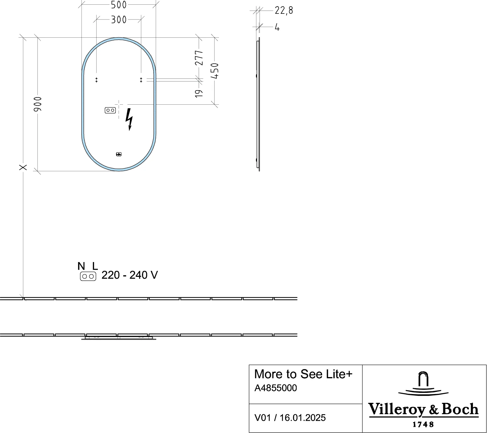 Villeroy & Boch More to See Lite+ Spiegel mit Beleuchtung 500x900x23mm