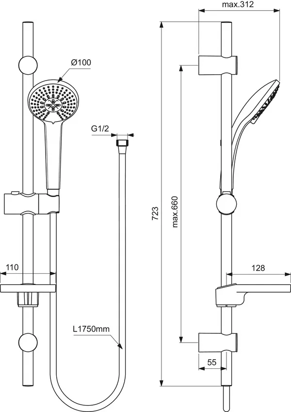 Brausekombination Idealrain 720mm 3-Funktionshandbrause, Durchmesser:100mm Chrom Brausekombination Idealrain 720mm 3-Funktionshandbrause, Durchmesser:100mm Chrom