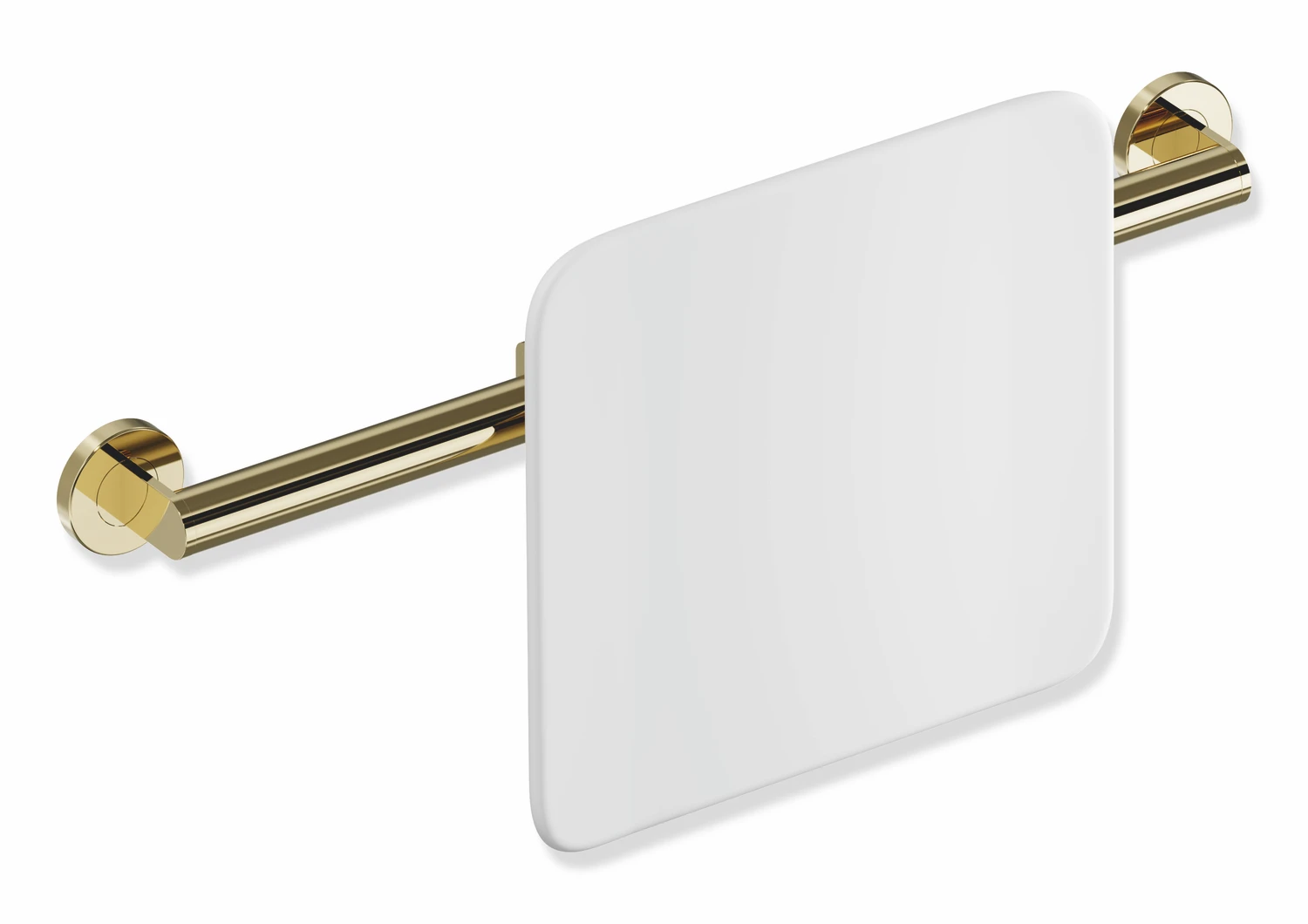 Rückenstütze des Systems 900, Anbindung aus Edelstahl, PVD, Lehne aus Kunststoff, weiß, Achsmaß von 582 bis 682 mm bauseits verstellbar, T: 150 mm, zur Wandmontage, in Farbe CK (Messing glänzend)