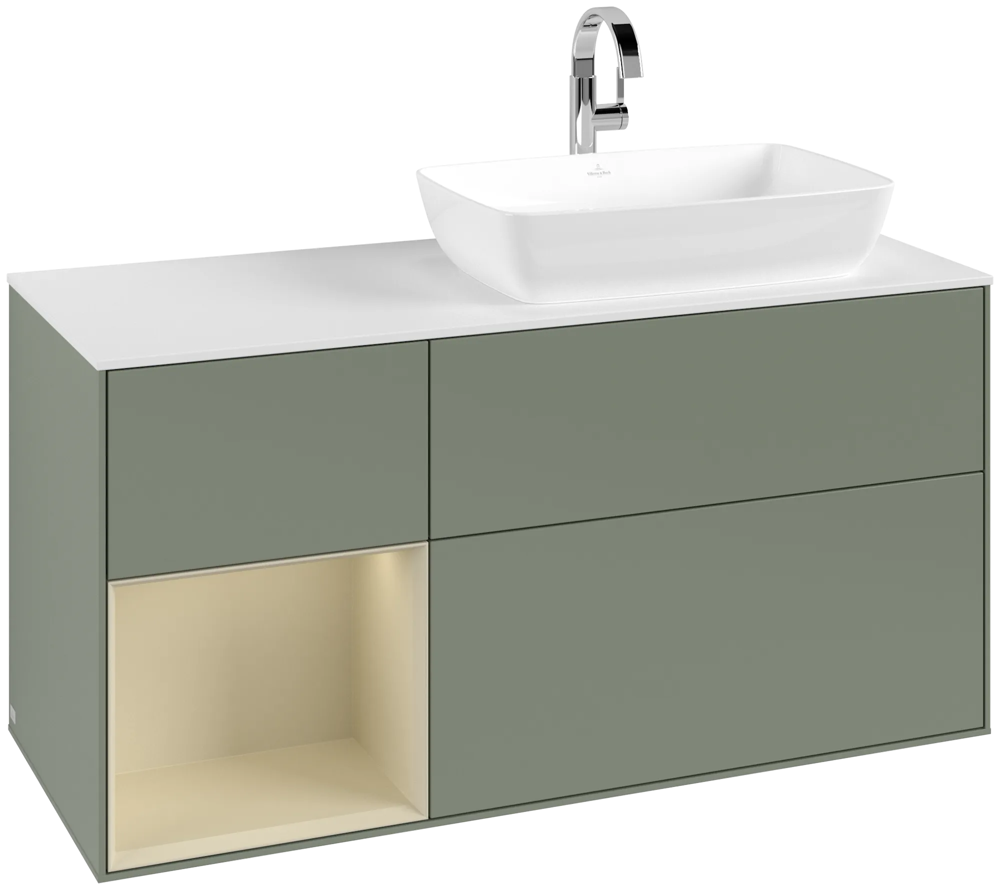 Villeroy & Boch Waschbeckenunterschrank Finion F80, 1200x603x501mm, Olive Matt Lacquer / Silk Grey Matt Lacquer / Glass White Matt