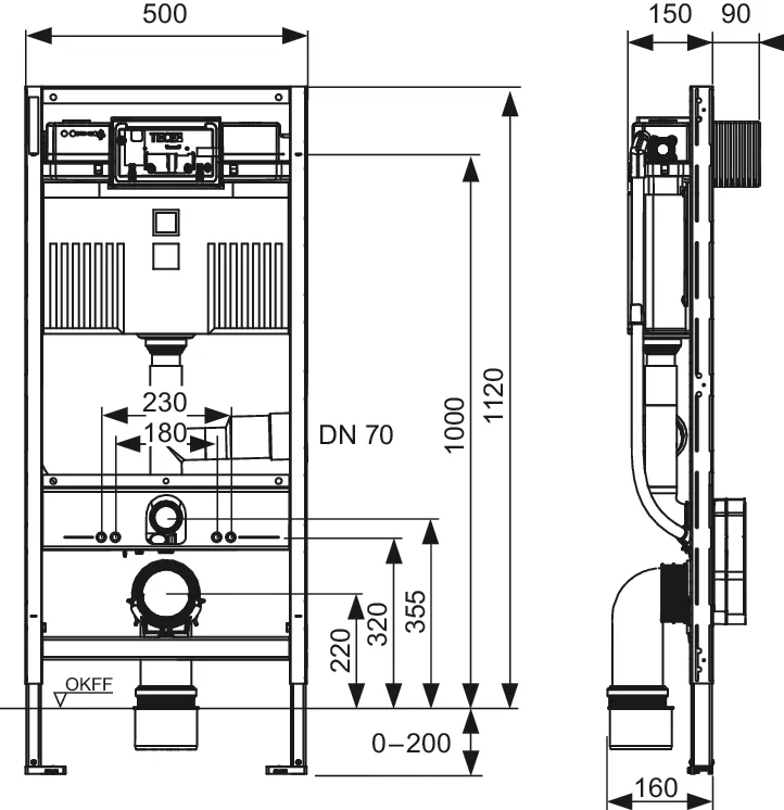 TECEprofil WC-Modul mit Uni-Spülkasten, mit Anschluss für Geruchsabsaugung, Bauhöhe 1120 mm