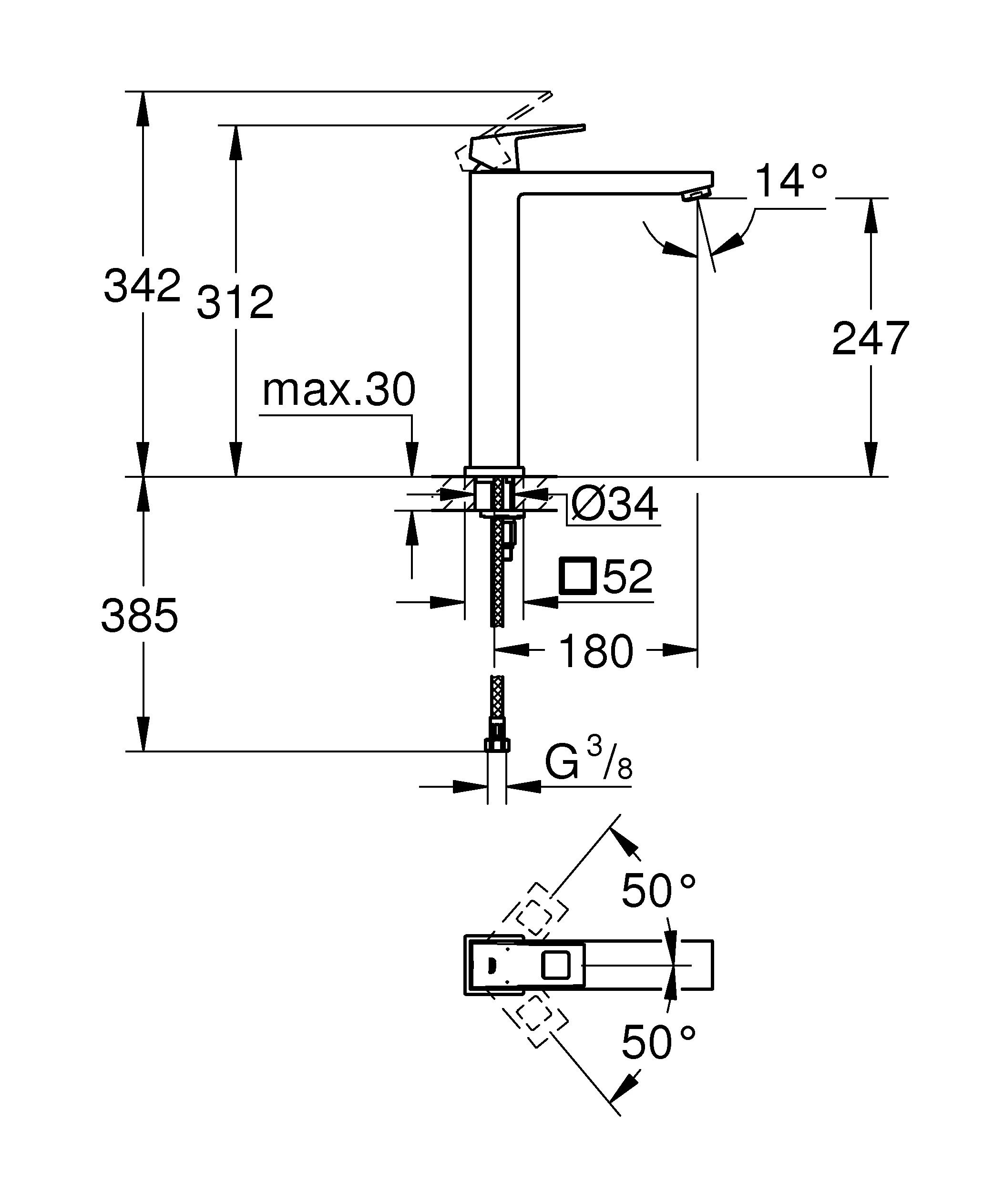 Einhand-Waschtischbatterie Eurocube 23406, XL-Size, Einlochmontage, für freistehende Waschschüsseln, glatter Körper, chrom