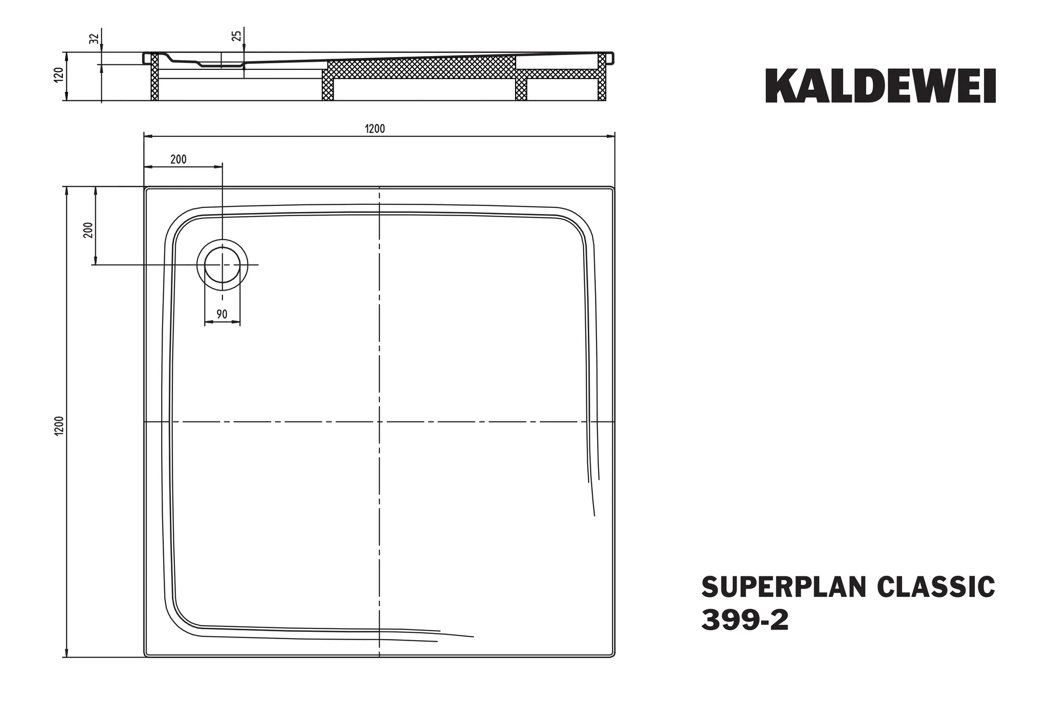 Kaldewei SUPERPLAN CLASSIC Duschfläche mit Wannenträger, 1200x1200 mm, Perl-Effekt, 25 mm tief, Eckablauf