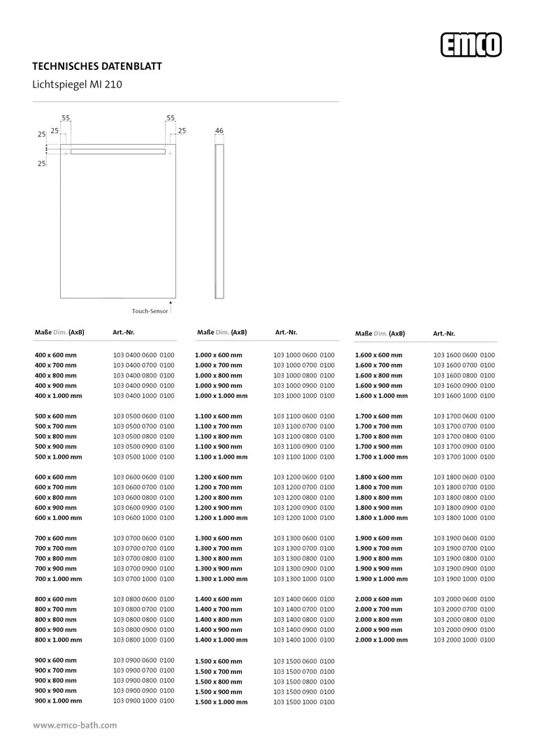 emco Lichtspiegel mit Sensorschalter „MI 210“ 50 × 100 cm