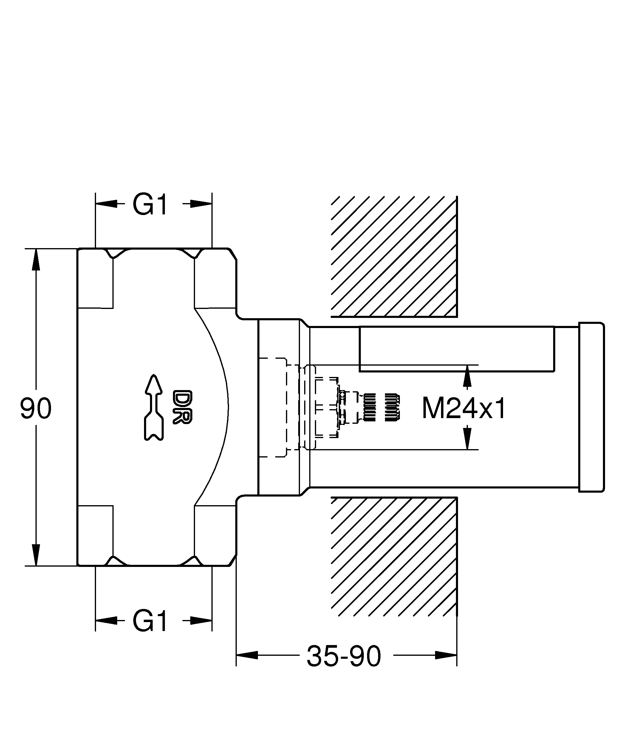 Unterputz-Ventil 29805_2, DN 25, vormontiertes Oberteil 1″, kurze Spindel, Gewindeanschluss 1″, mit Dichtmanschette, für normgerechte Wanddurchführung bei Wassereinwirkung nach DIN 18534:2017