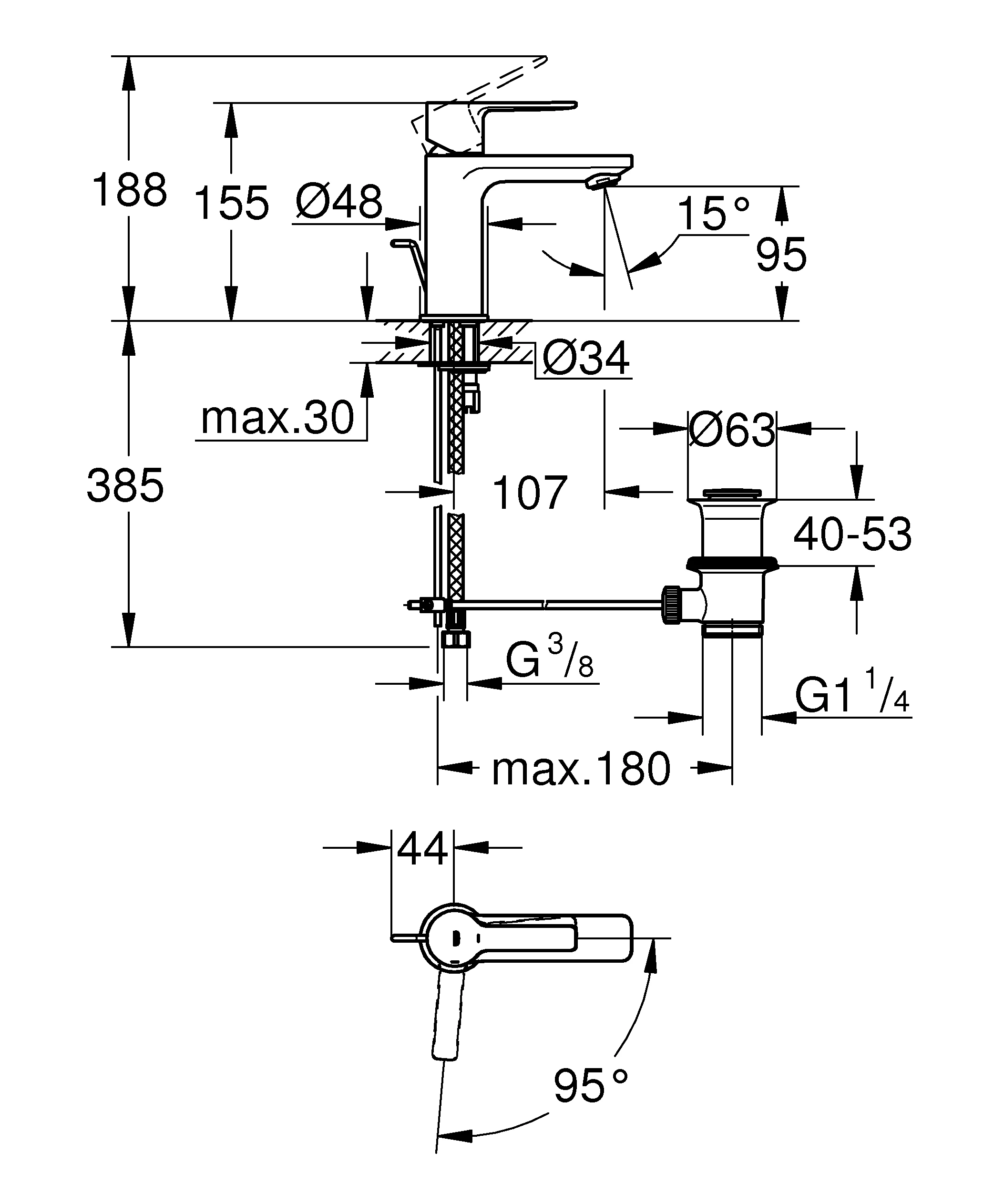 Einhand-Waschtischbatterie Lineare 23790_1, XS-Size, Einlochmontage, Energie-Spar-Funktion Mittelstellung kalt, Zugstangen-Ablaufgarnitur 1 1/4″, chrom